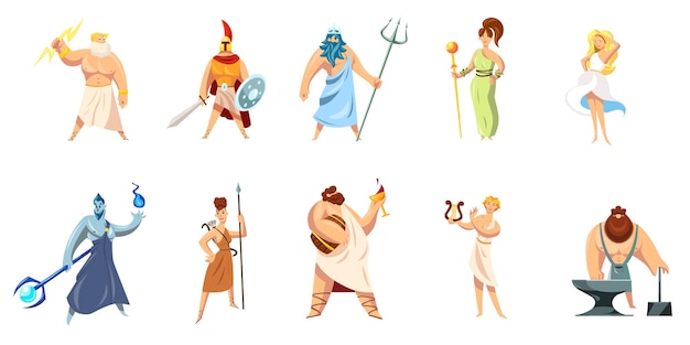 Colección de personajes de la mitología griega. Atenea, Hefesto, Ares, Poseidón, Zeus, Dioniso, Hefesto, Afrodita, Apolo.