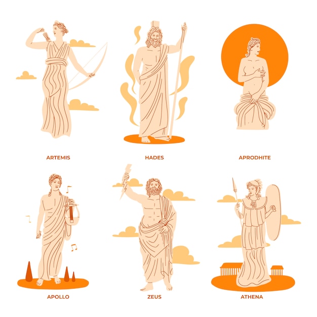 Colección de personajes de la mitología griega dibujados a mano