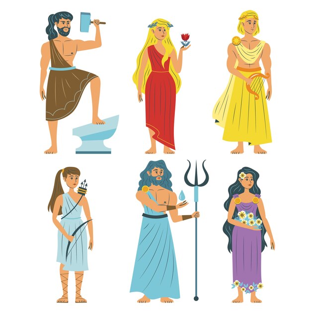 Colección de personajes de mitología griega de diseño plano dibujado a mano