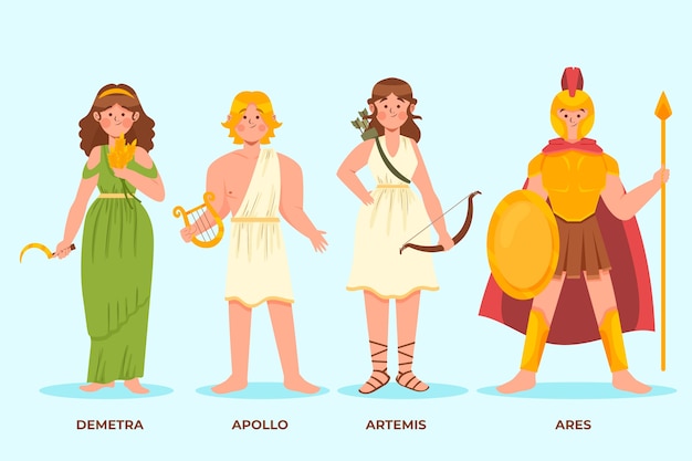 Colección de personajes de mitología griega de diseño plano dibujado a mano
