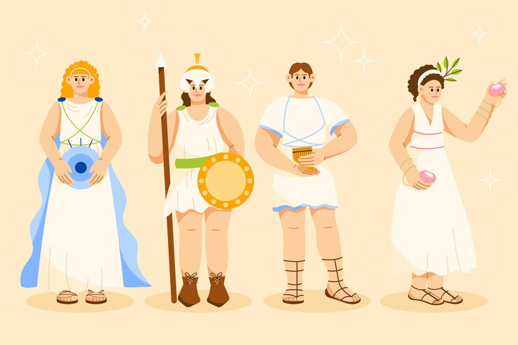 Vector gratuito colección de personajes de mitología griega de diseño plano dibujado a mano