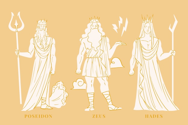 Colección de personajes de mitología griega de diseño plano dibujado a mano