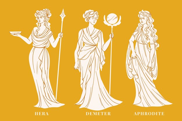Colección de personajes de mitología griega de diseño plano dibujado a mano