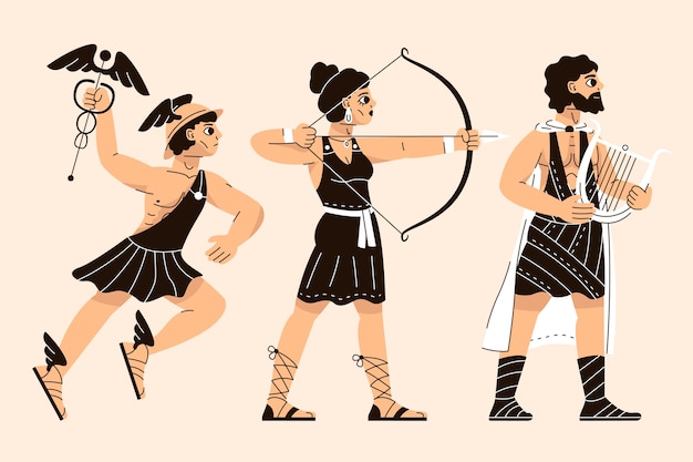 Vector gratuito colección de personajes de mitología griega de diseño plano dibujado a mano