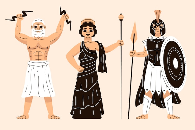 Vector gratuito colección de personajes de mitología griega de diseño plano dibujado a mano