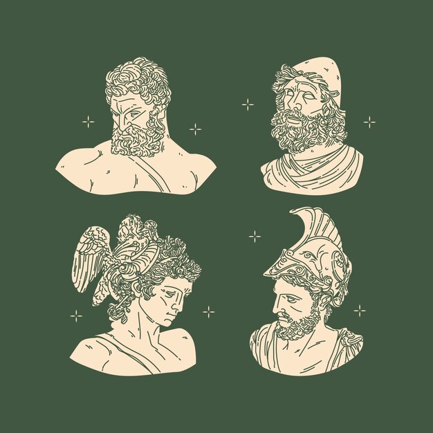 Colección de personajes de mitología griega de diseño plano dibujado a mano