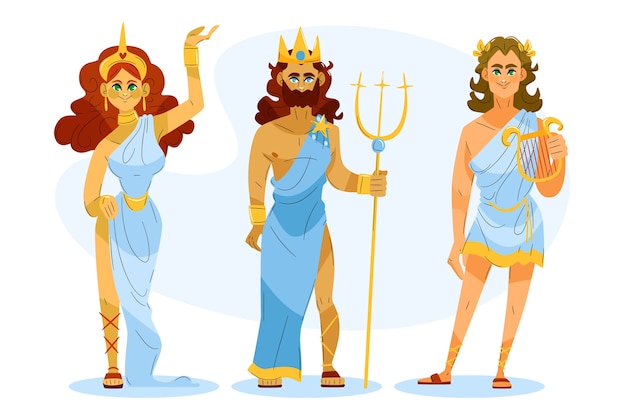 Vector gratuito colección de personajes de mitología griega de diseño plano dibujado a mano