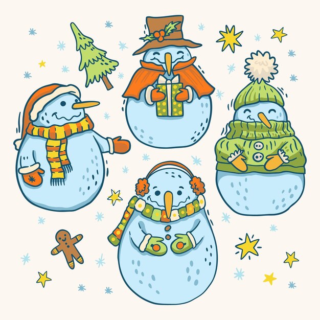 Colección personajes muñeco de nieve dibujado a mano