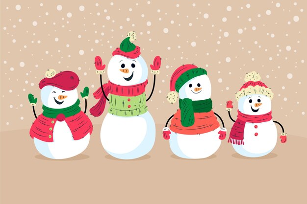 Colección de personajes de muñeco de nieve dibujados a mano