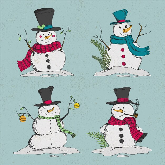 Colección de personajes de muñeco de nieve dibujados a mano
