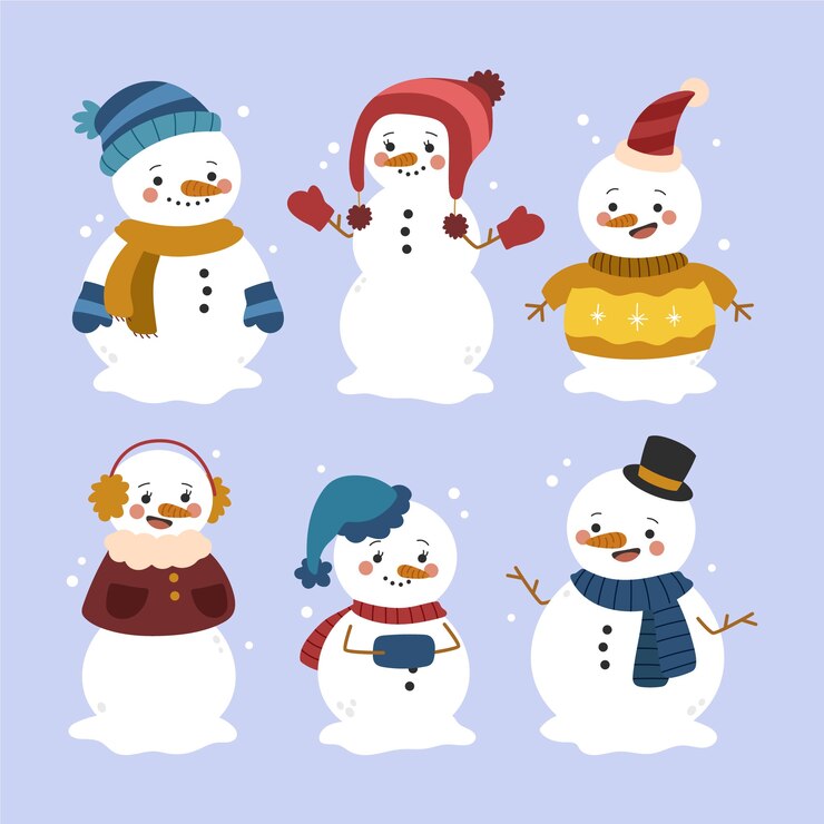 Vector gratuito colección de personajes de muñeco de nieve dibujados a mano