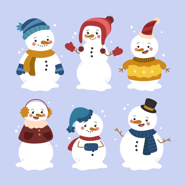 Colección de personajes de muñeco de nieve dibujados a mano