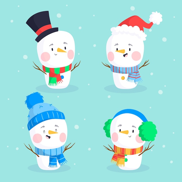 Vector gratuito colección de personajes de muñeco de nieve dibujados a mano