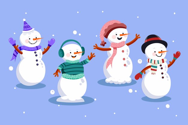 Colección de personajes de muñeco de nieve dibujados a mano