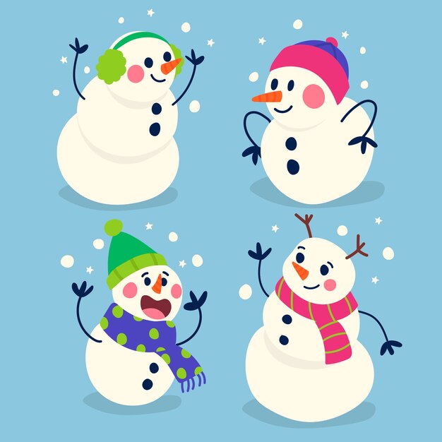 Colección de personajes de muñeco de nieve dibujados a mano