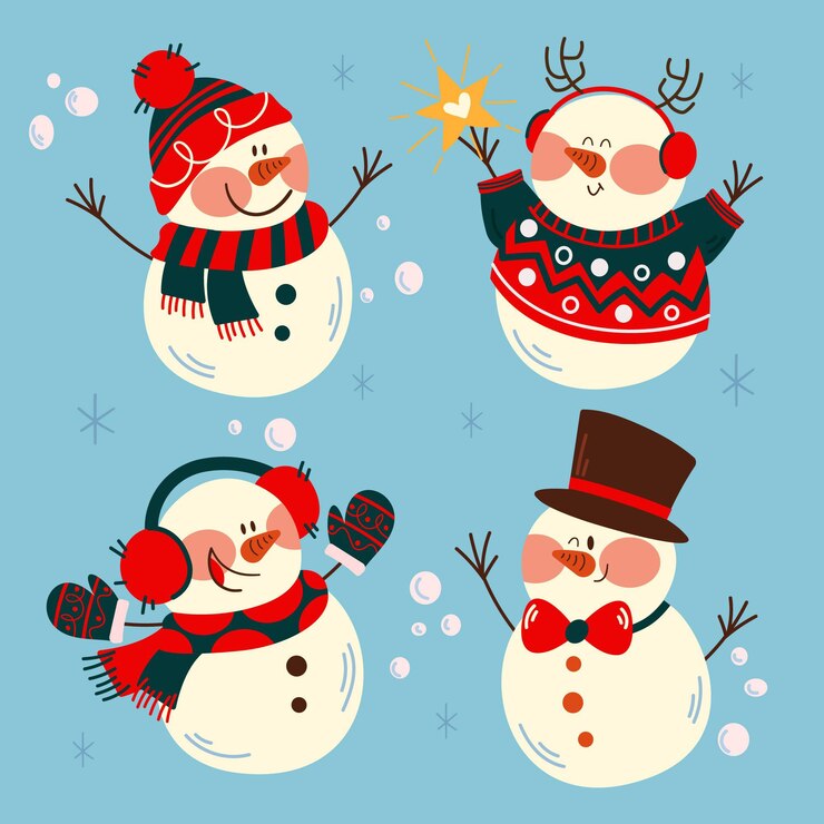 Vector gratuito colección de personajes de muñeco de nieve dibujados a mano
