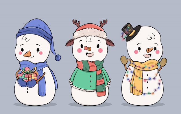 Colección de personajes de muñeco de nieve dibujados a mano