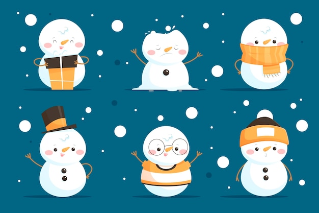 Vector gratuito colección de personajes de muñeco de nieve de dibujos animados