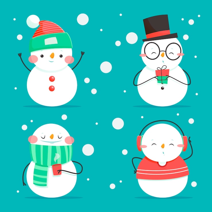 Vector gratuito colección de personajes de muñeco de nieve de dibujos animados