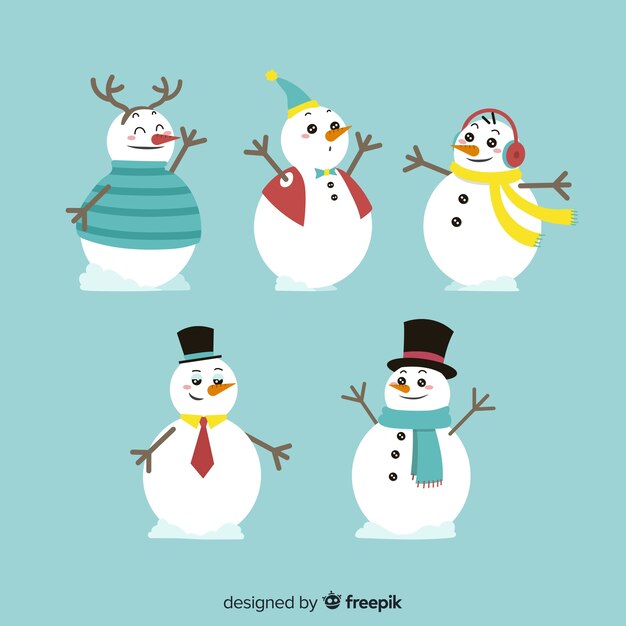 Colección de personajes de muñeco de nieve de diseño plano