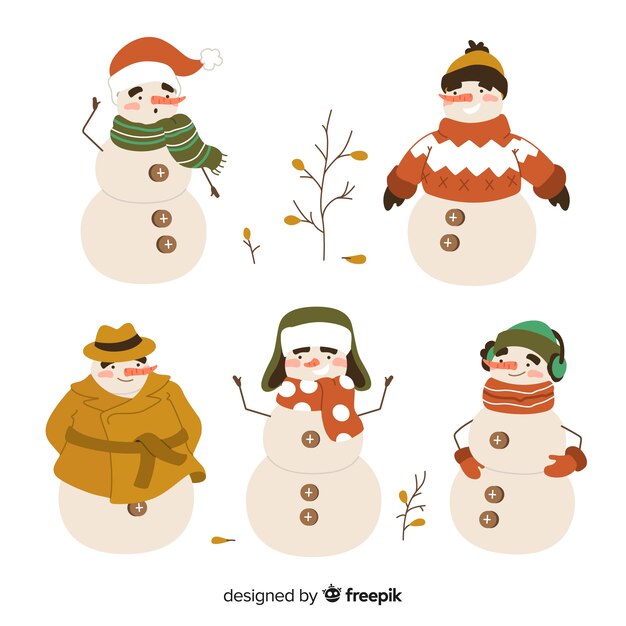 Colección de personajes de muñeco de nieve de diseño plano