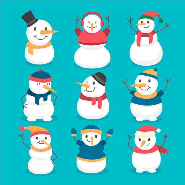 Colección de personajes de muñeco de nieve en diseño plano