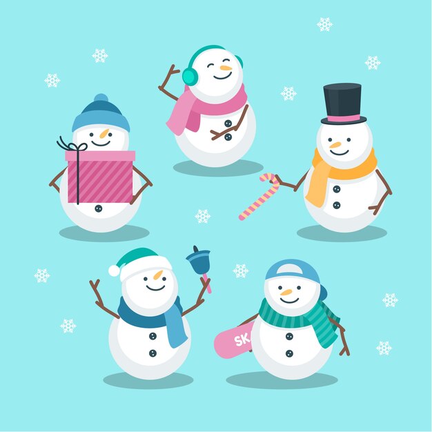 Colección de personajes de muñeco de nieve en diseño plano