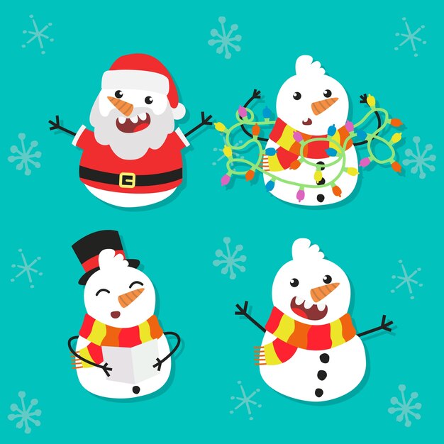 Colección de personajes de muñeco de nieve de diseño plano