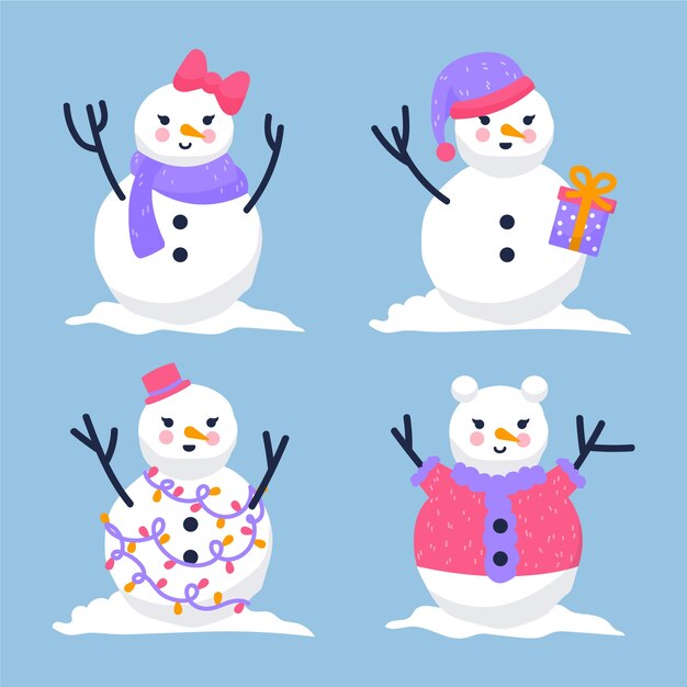 Colección de personajes de muñeco de nieve de diseño plano