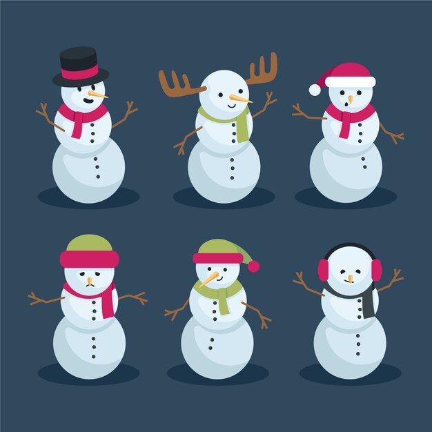 Colección de personajes de muñeco de nieve de diseño plano