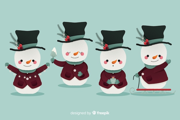 Vector gratuito colección de personajes de muñeco de nieve de diseño plano