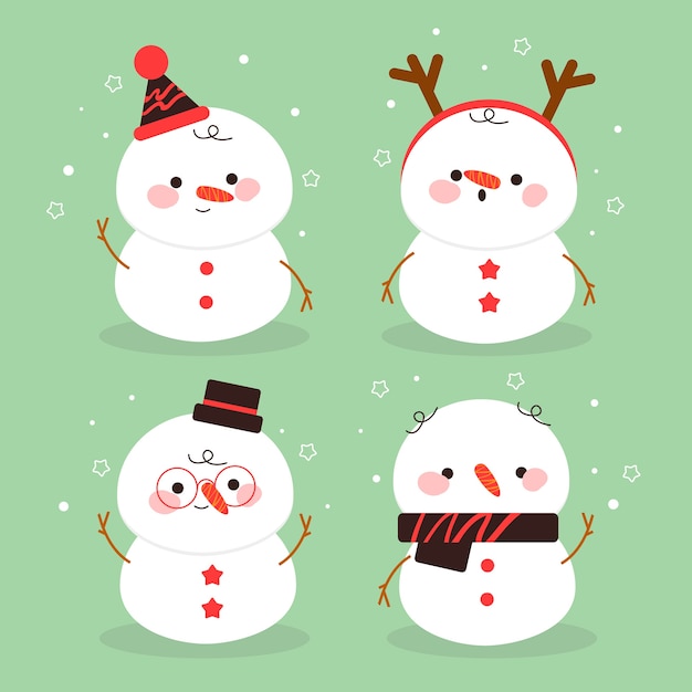 Colección de personajes de muñeco de nieve en diseño plano