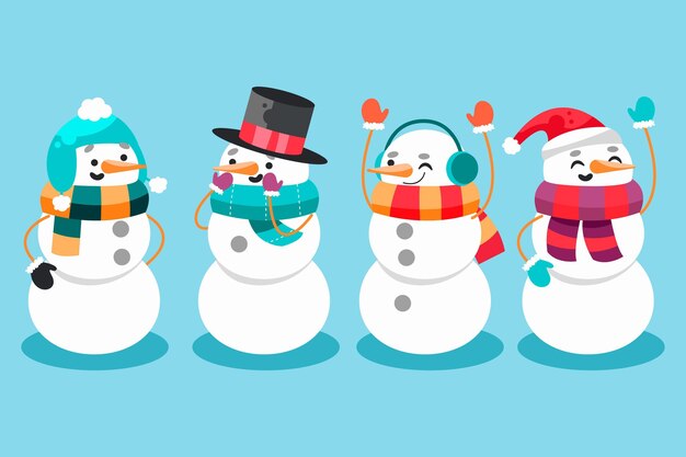 Colección de personajes de muñeco de nieve en diseño plano
