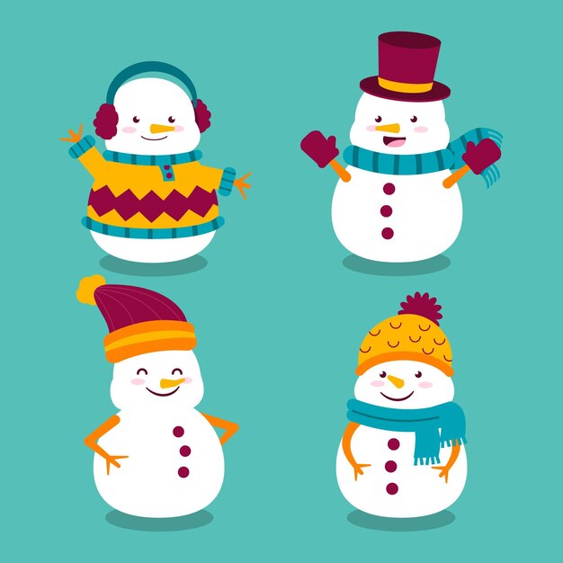 Colección de personajes de muñeco de nieve de diseño plano