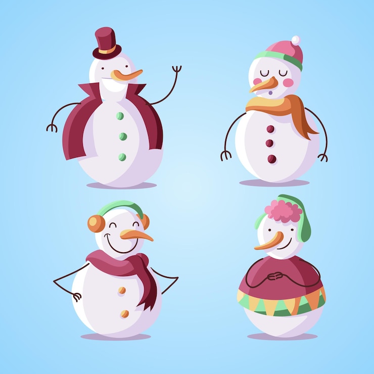 Vector gratuito colección de personajes de muñeco de nieve de diseño plano