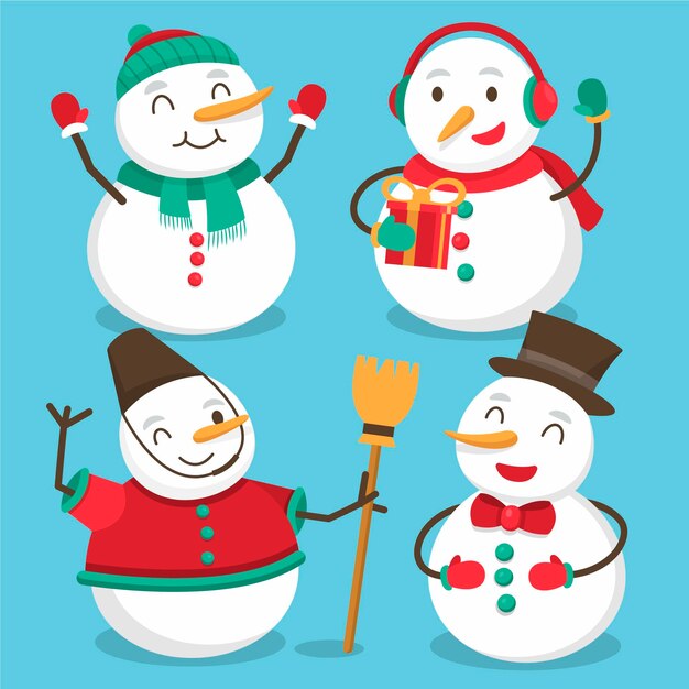 Colección de personajes de muñeco de nieve en diseño plano