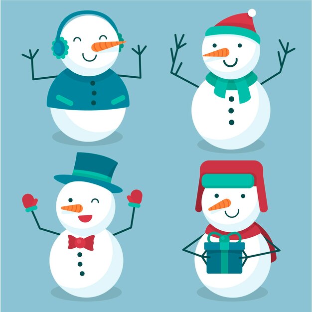 Colección de personajes de muñeco de nieve en diseño plano