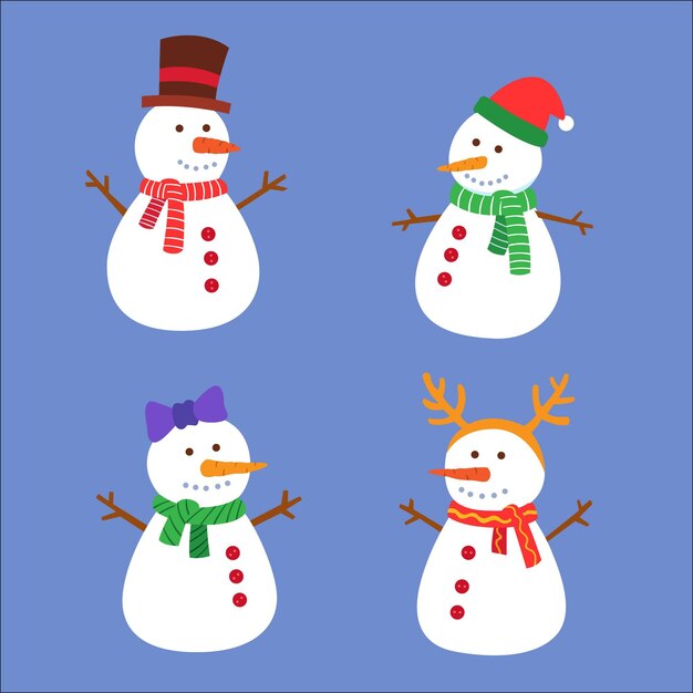 Colección de personajes de muñeco de nieve en diseño plano