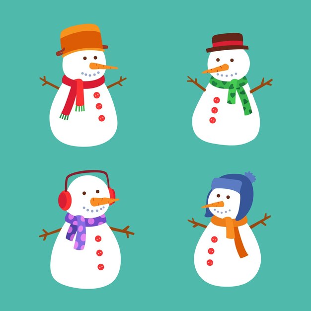 Colección de personajes de muñeco de nieve en diseño plano