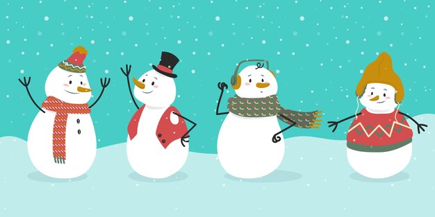Colección de personajes de muñeco de nieve de diseño plano
