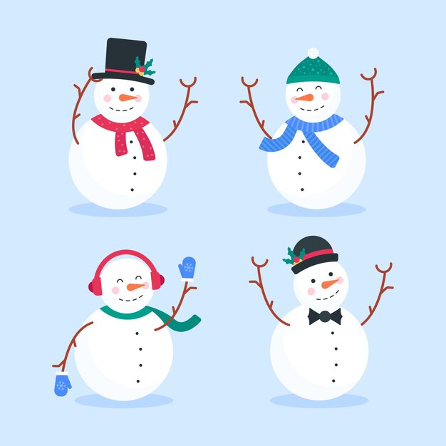 Colección de personajes de muñeco de nieve en diseño plano