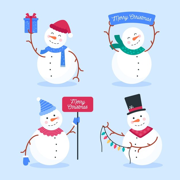 Colección de personajes de muñeco de nieve en diseño plano