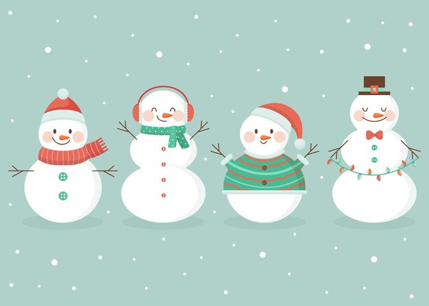 Colección de personajes de muñeco de nieve en diseño plano