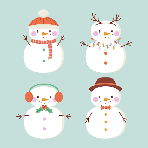 Vector gratuito colección de personajes de muñeco de nieve en diseño plano