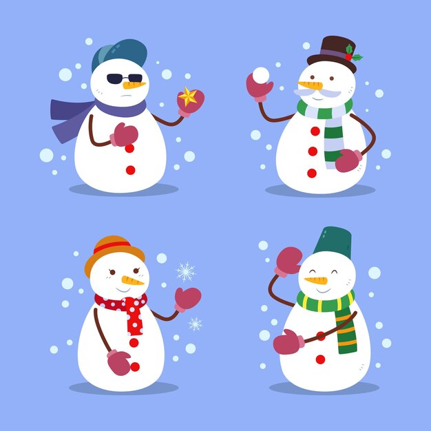 Colección de personajes de muñeco de nieve de diseño plano