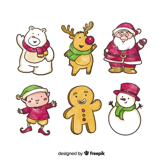 Colección de personajes de navidad en acuarela
