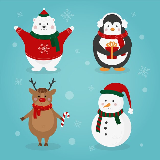 Colección de personajes de navidad de diseño plano