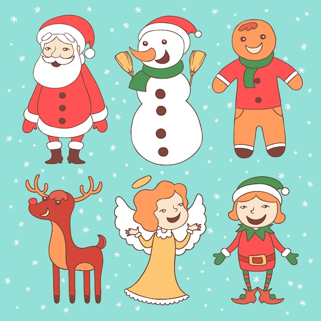 Vector gratuito colección de personajes navideños dibujados a mano con nieve