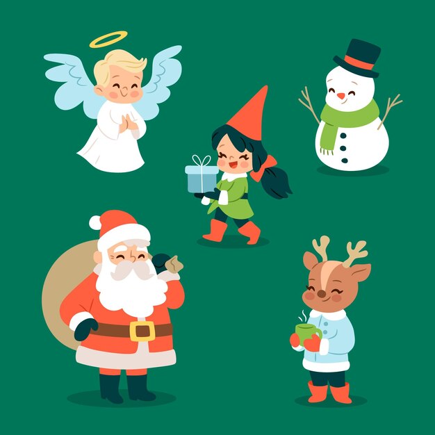 Colección de personajes navideños dibujados a mano de santa claus de diseño plano