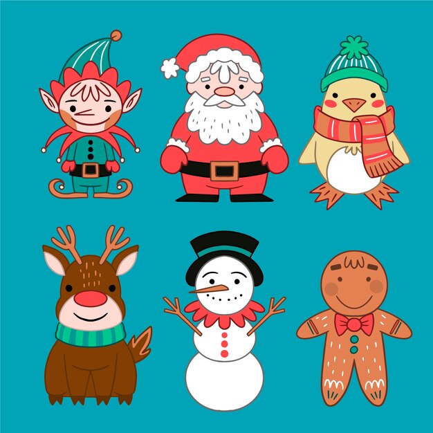 Colección de personajes navideños dibujados a mano